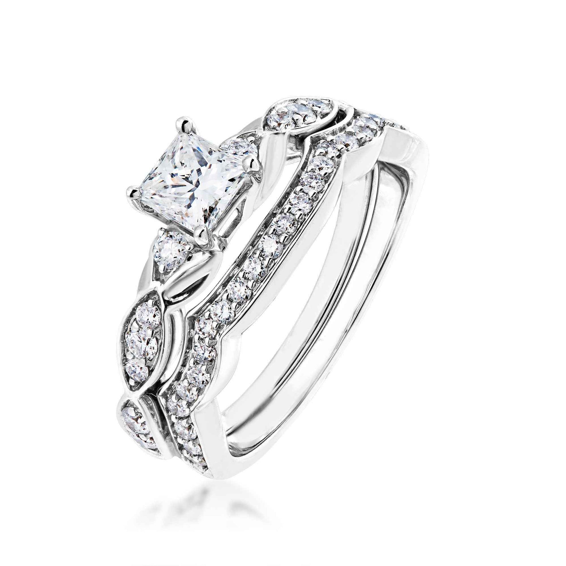 Noventa 1 ct. tw. Princess Cut Diamond Wedding Set with Vintage Inspired Band in 14K White Gold front view