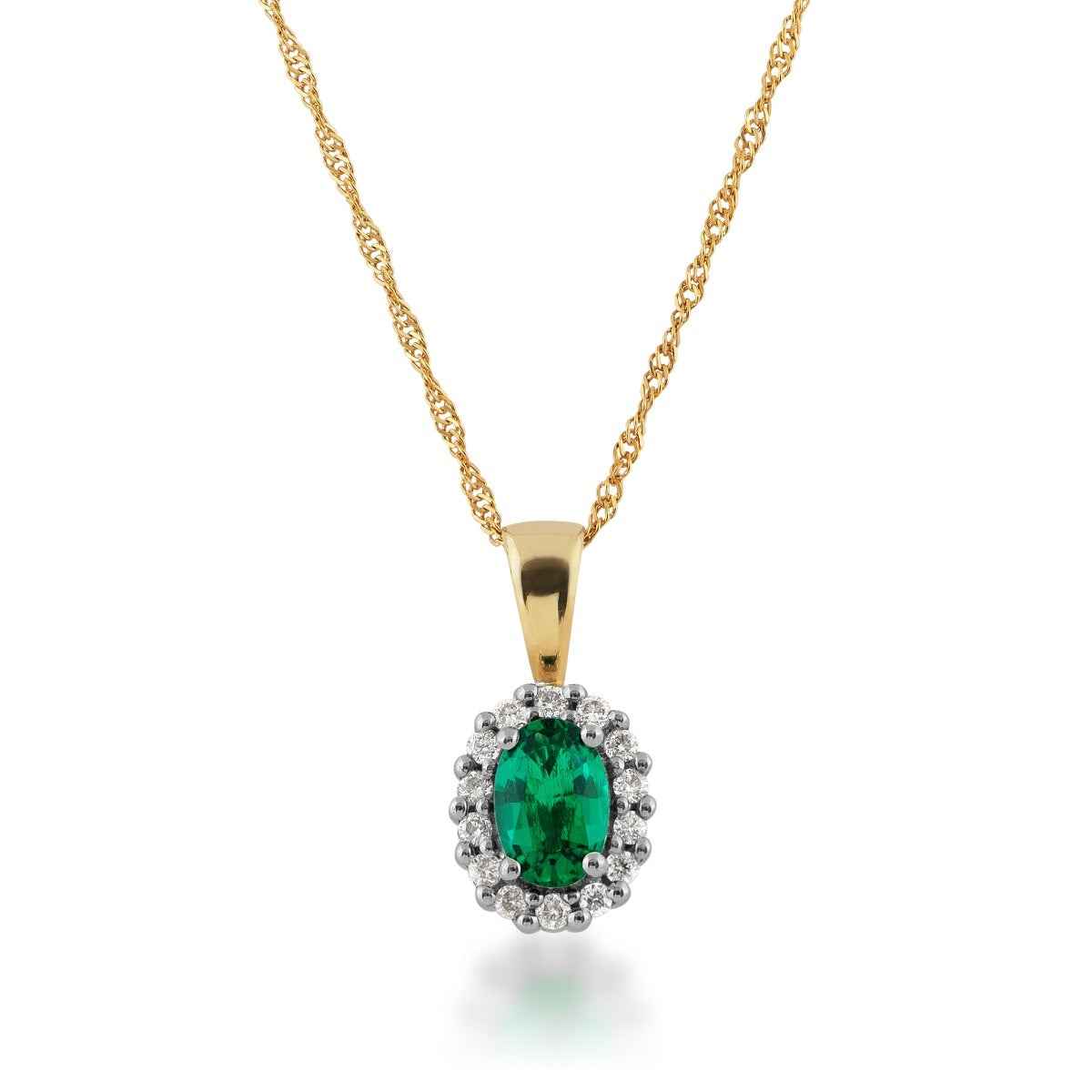 Created Oval Emerald & 1/10 ct. tw. Diamond Halo Pendant in 10K Yellow Gold