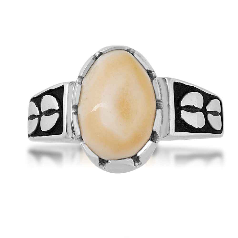 Ladies' Elk Ivory Cabochon Cut Ring with Track & Black Enamel Accented Band in Sterling Silver front view