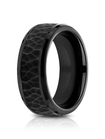 BENCHMARK Mens 8MM Black Titanium with Hammered Detail Wedding Band front view