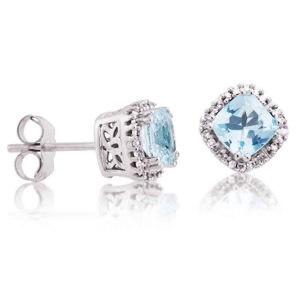 Genuine Cushion Cut Aquamarine & 1/10 ct. tw. Round Diamond Halo Earrings in 10K White Gold