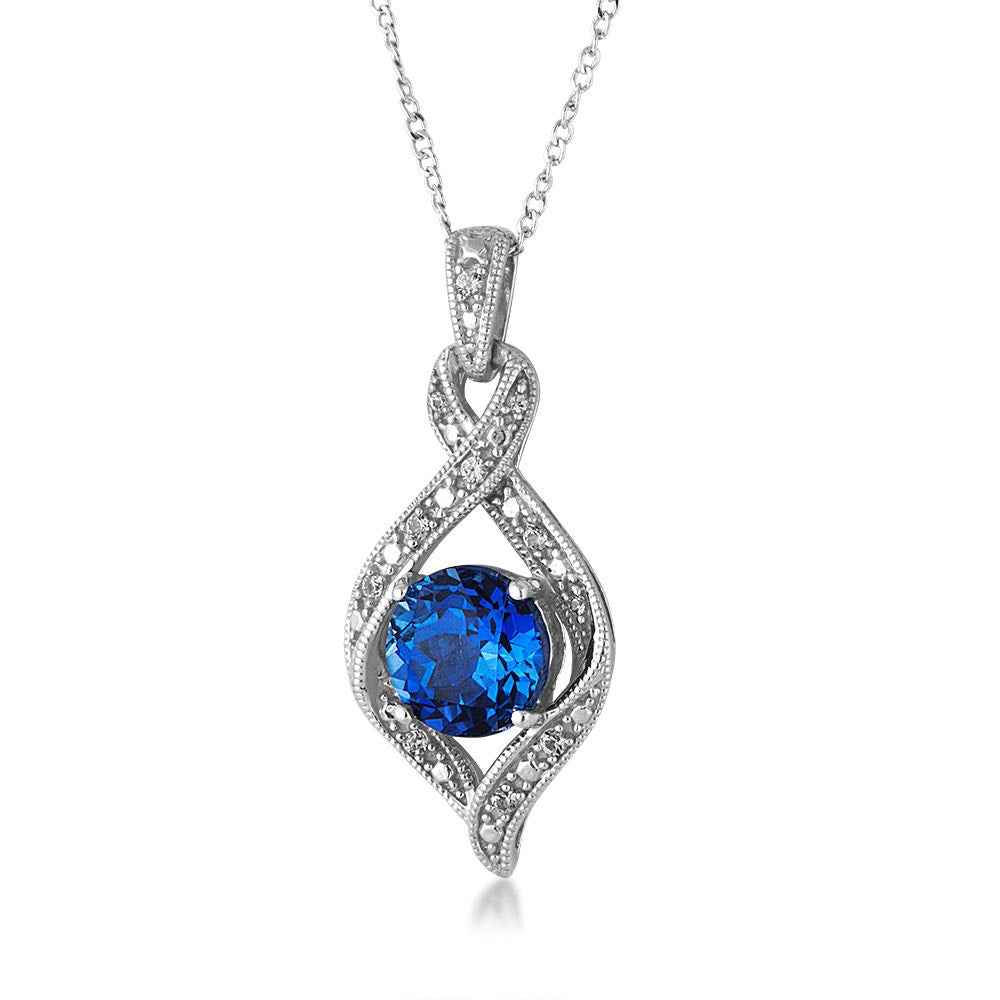 Created Round Blue & White Sapphire Pendant in Sterling Silver