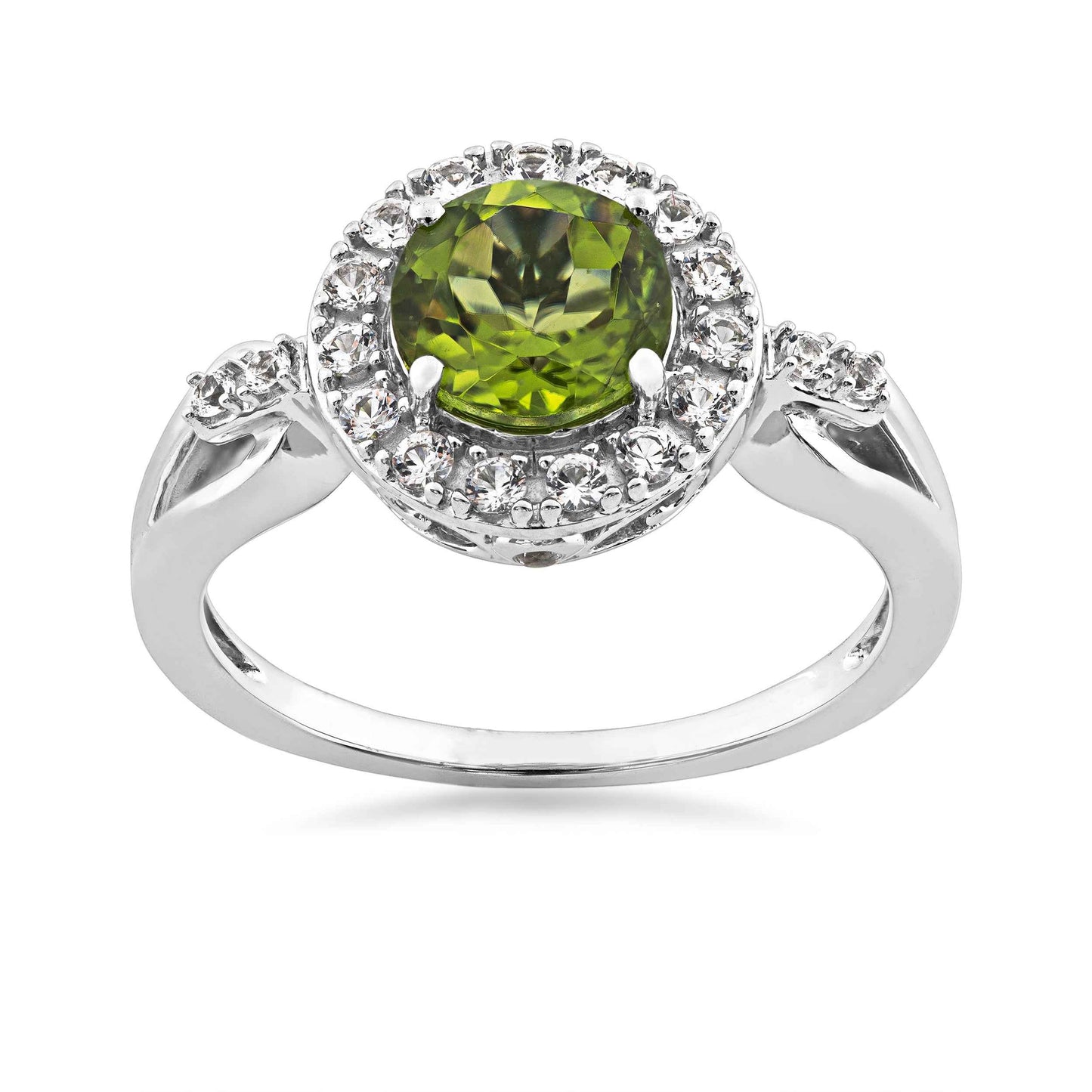 Genuine Round Peridot Fashion Ring with White Sapphire Halo in Sterling Silver