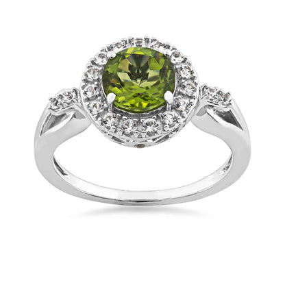 Genuine Round Peridot Fashion Ring with White Sapphire Halo in Sterling Silver