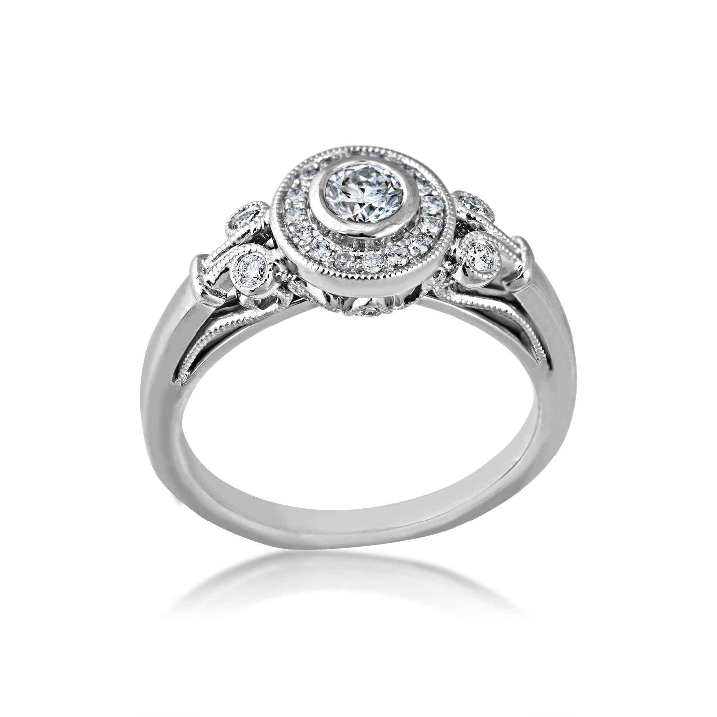 Elegance 1/2 ct. tw. Round Diamond Bezel Set Halo Engagement Ring with Vintage Filigree & Milgrain Detailing in 14K White