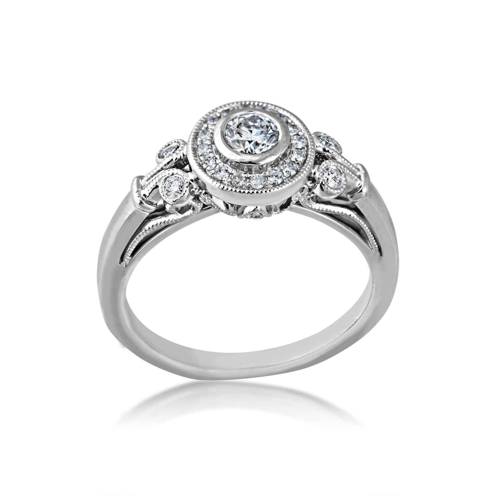 Elegance 1/2 ct. tw. Round Diamond Bezel Set Halo Engagement Ring with Vintage Filigree & Milgrain Detailing in 14K White