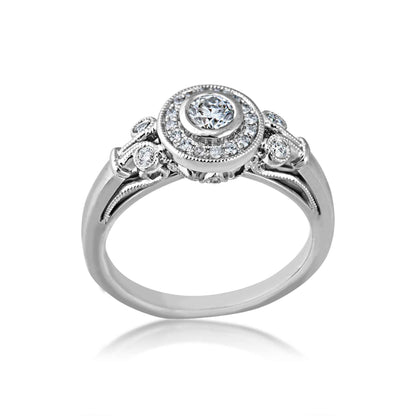 Elegance 1/2 ct. tw. Round Diamond Bezel Set Halo Engagement Ring with Vintage Filigree & Milgrain Detailing in 14K White