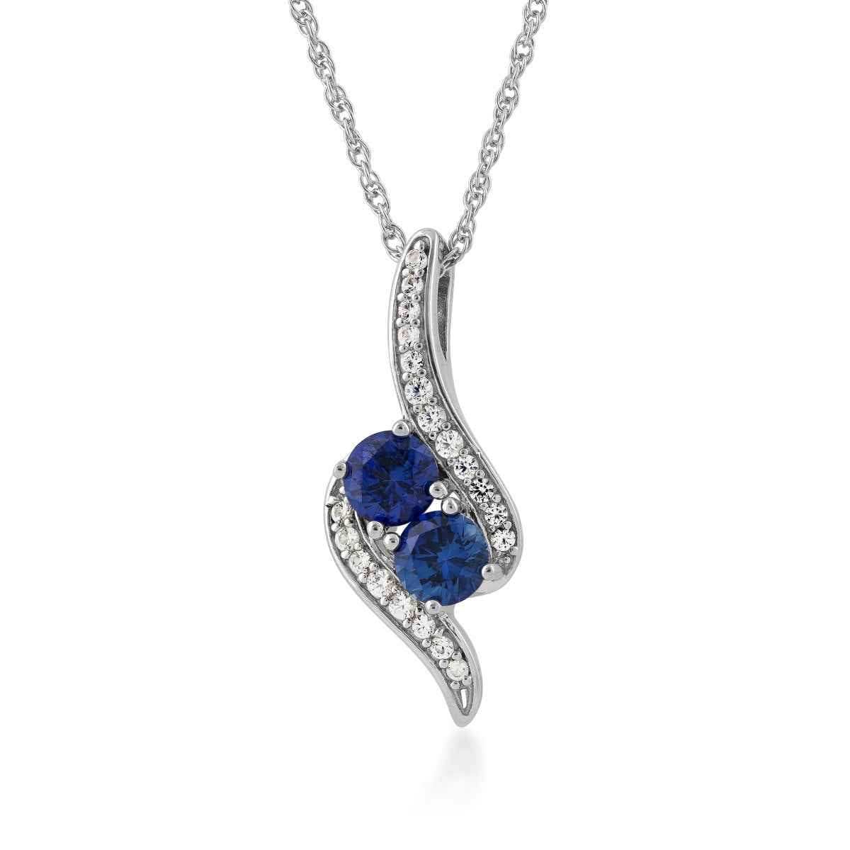 2-Stone Created Round Blue and White Sapphire Pendant in Sterling Silver