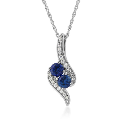 2-Stone Created Round Blue and White Sapphire Pendant in Sterling Silver
