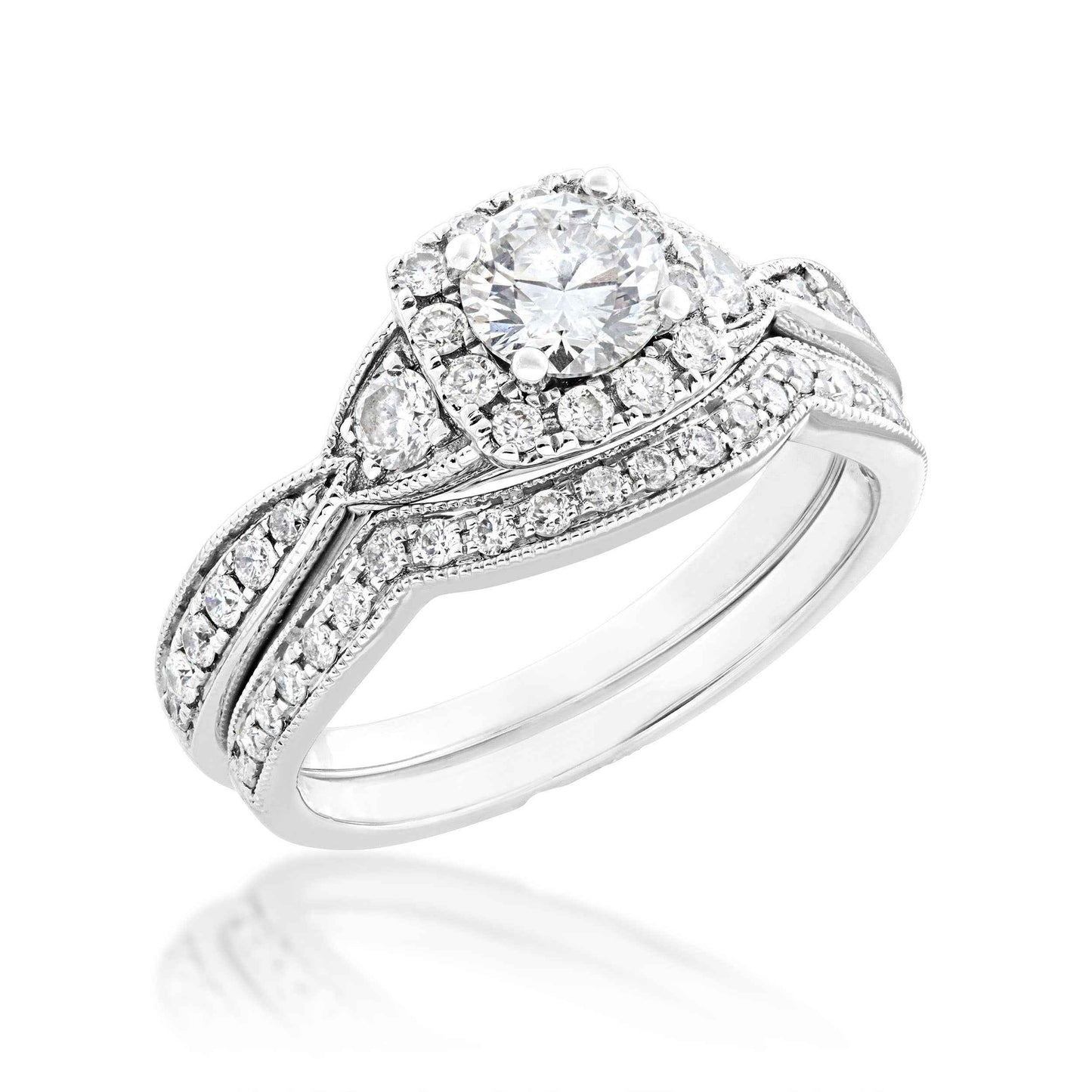 Noventa 1 ct. tw. Round Vintage-Inspired Diamond Square Halo Wedding Set with Milgrain Detailing in 14K White Gold front view