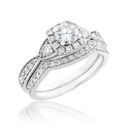 Noventa 1 ct. tw. Round Vintage-Inspired Diamond Square Halo Wedding Set with Milgrain Detailing in 14K White Gold front view