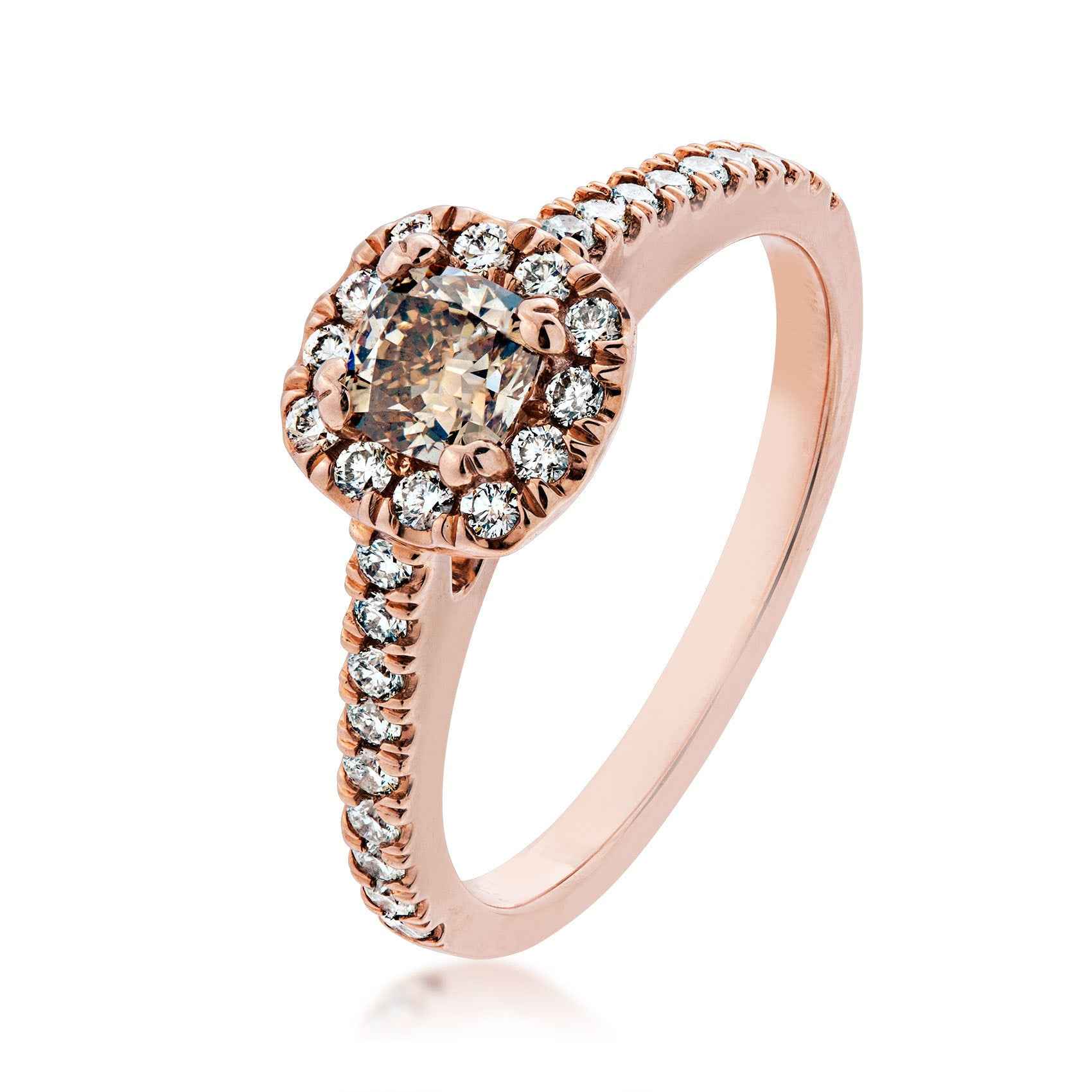 Mocha Lux 7/8 ct. tw. Cushion Cut Mocha Diamond Engagement Ring with White Diamond Halo & Band in 14K Pink Gold front view