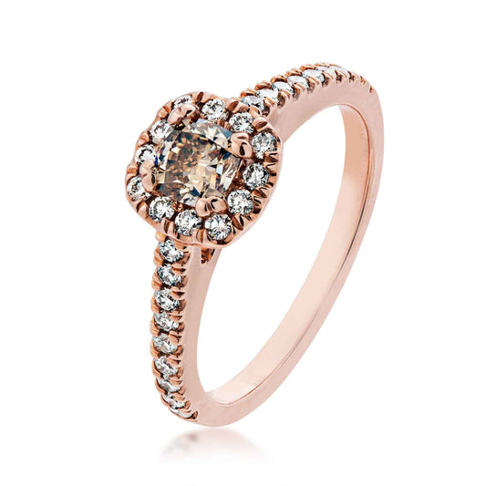 Mocha Lux 7/8 ct. tw. Cushion Cut Mocha Diamond Engagement Ring with White Diamond Halo & Band in 14K Pink Gold front view