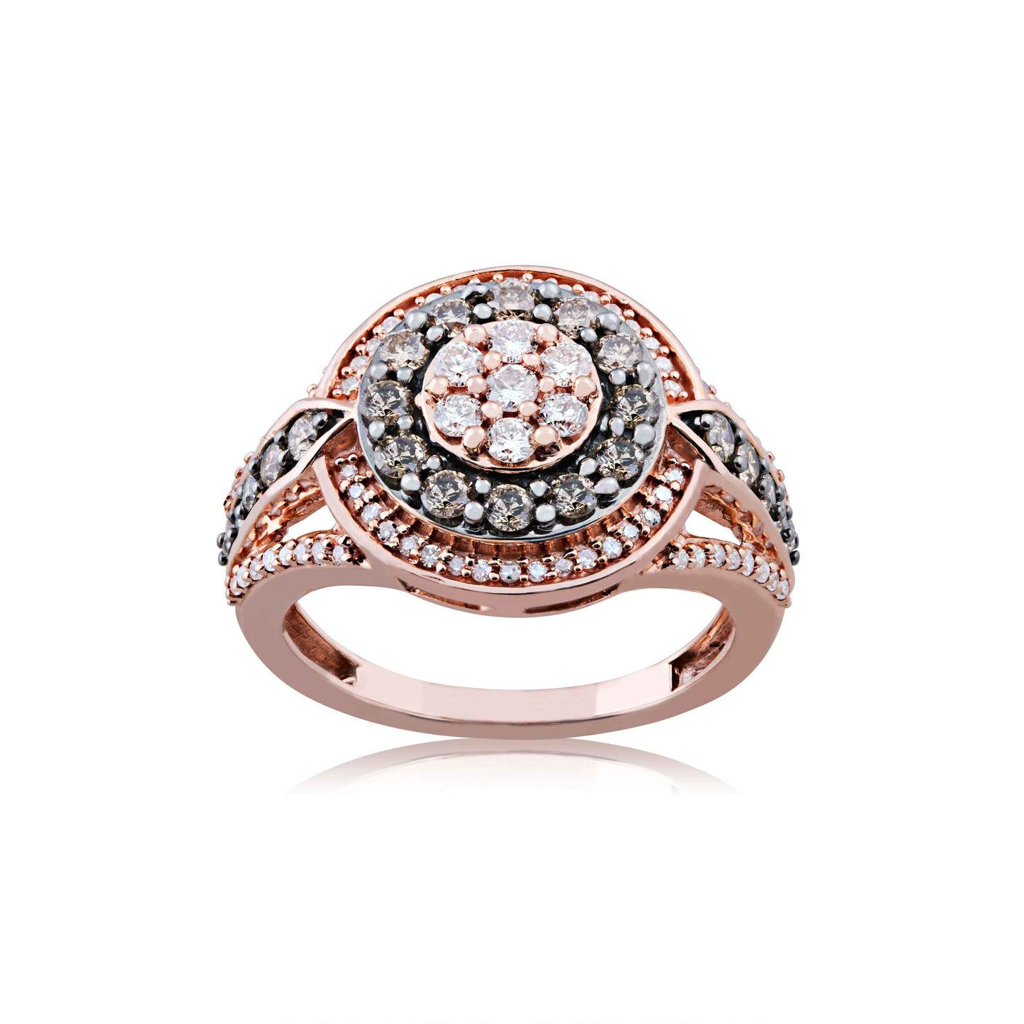 Mocha Collection 1 ct. tw. Round Mocha & White Diamond Cluster Halo Fashion Ring with Split-Shank Band in 10K Pink Gold