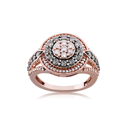 Mocha Collection 1 ct. tw. Round Mocha & White Diamond Cluster Halo Fashion Ring with Split-Shank Band in 10K Pink Gold