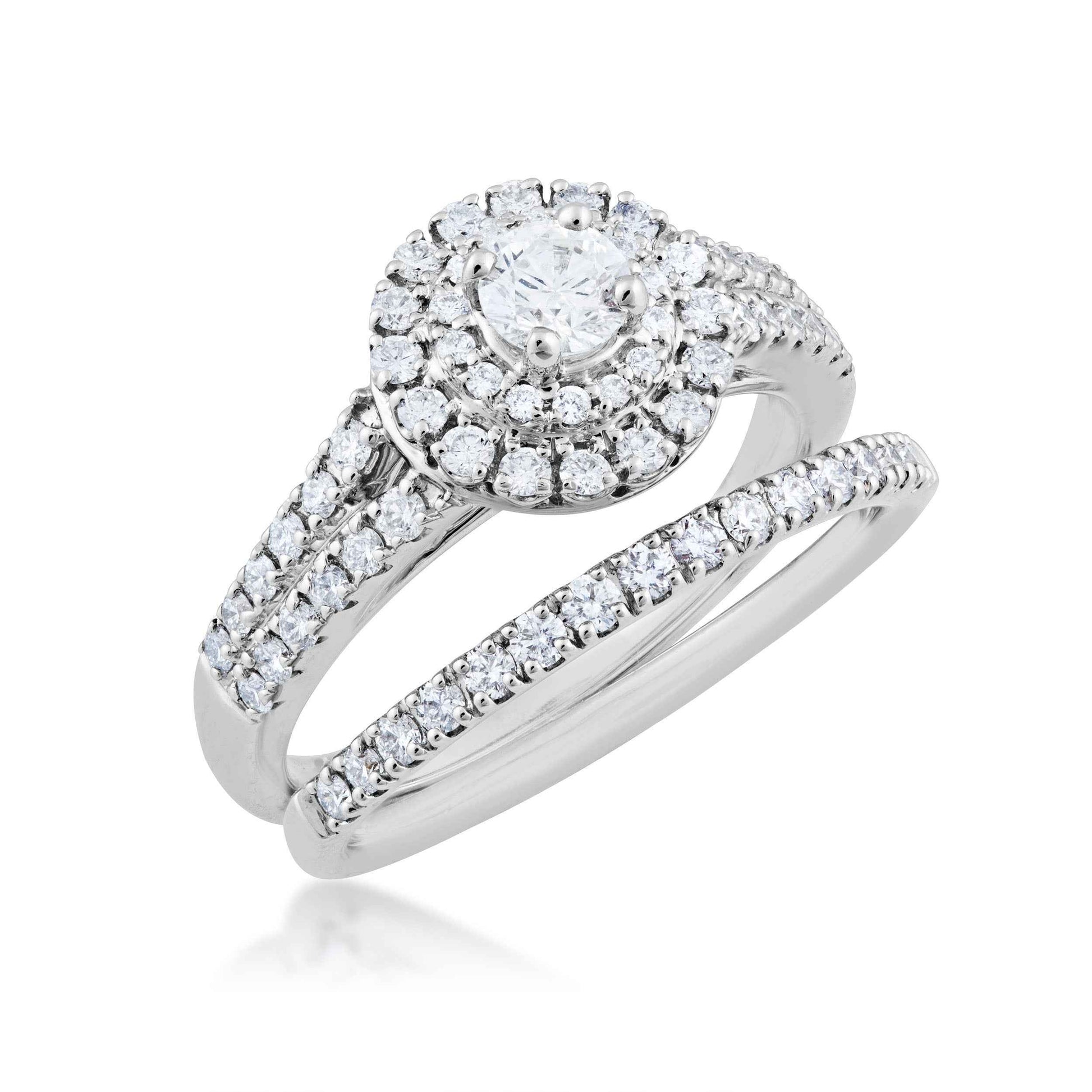 Amaura Collection 1/3 ct. and 5/8 ct. Round Brilliant Wedding Set with Double Halo in 14K White Gold close-up detail