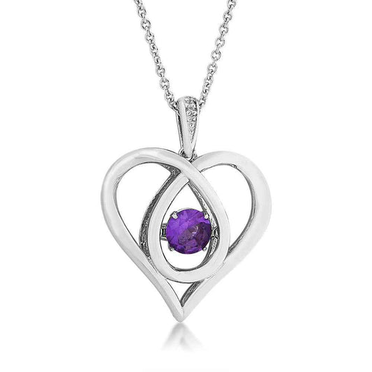 Twinkling Genuine Round Amethyst a & Diamond Pendant in Sterling Silver