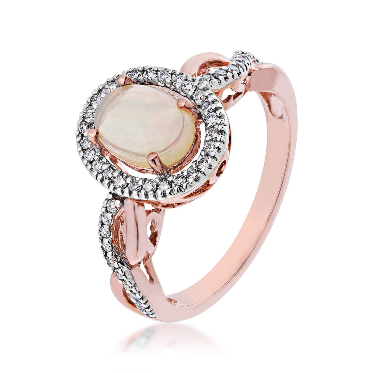 Genuine Oval Opal & 1/4 ct. tw. Round Diamond Halo Ring with Twist Band in 10K. Pink Gold front view