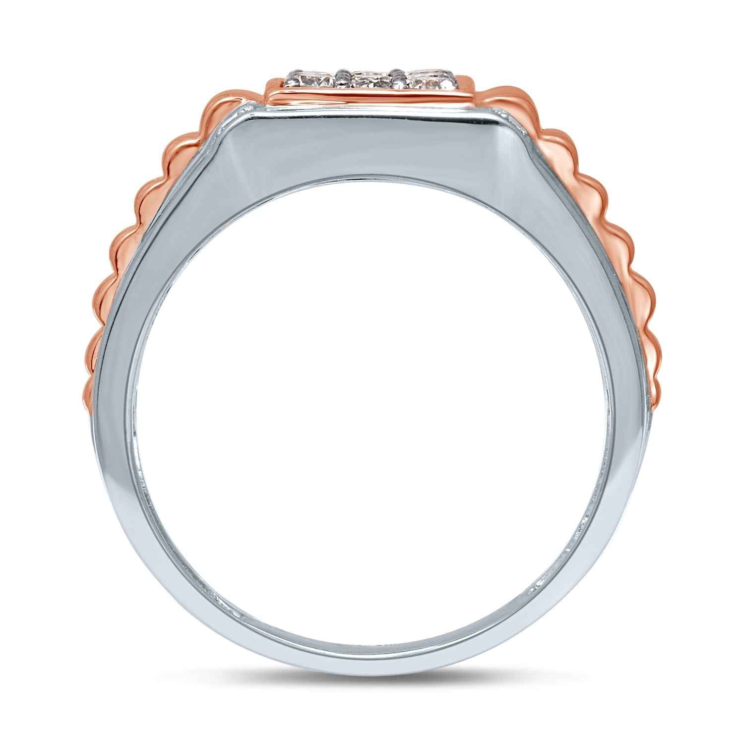 Men's 1/2 ct. tw. Round Mocha & White Cluster Diamond Wedding Band with Square Signet Style Setting in 10K close-up detail