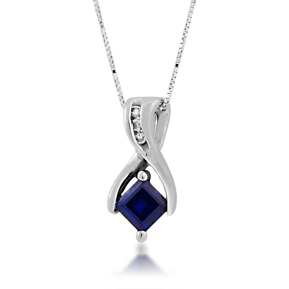 Created Princess Cut Sapphire & .05 ct. tw. Diamond Pendant in 10K White Gold