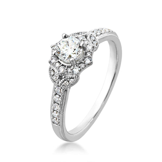 Natural 5/8 ct. tw. Diamond Starburst Halo Engagement Ring in 14K White Gold front view