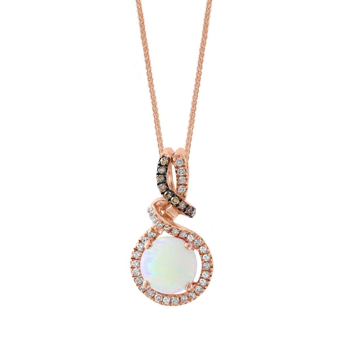 Opal and 1/5 ct. tw. Mocha and White Diamond Halo Twist Pendant in 10K Pink Gold