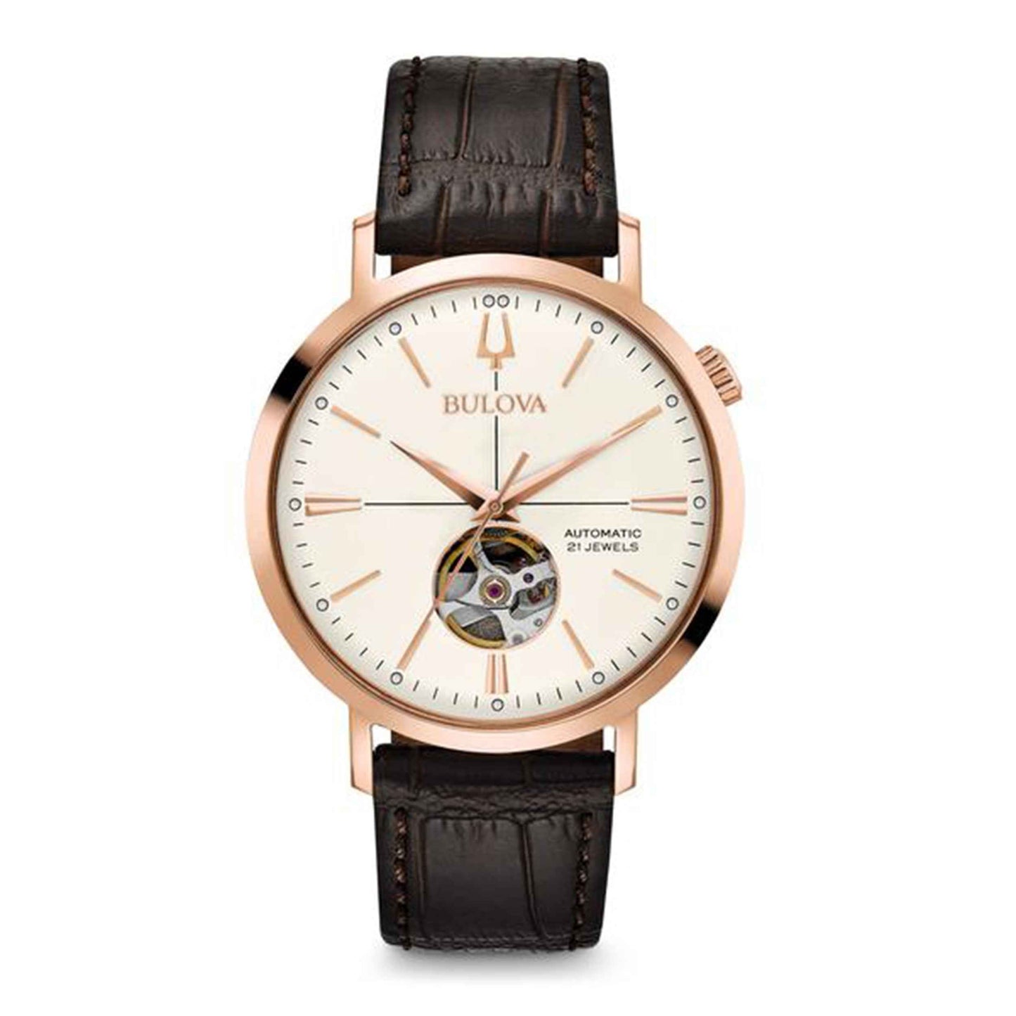 Bulova Men's Classic Automatic Collection Watch with Open Aperture Accent with White Dial and Crocodile Embossed Brown