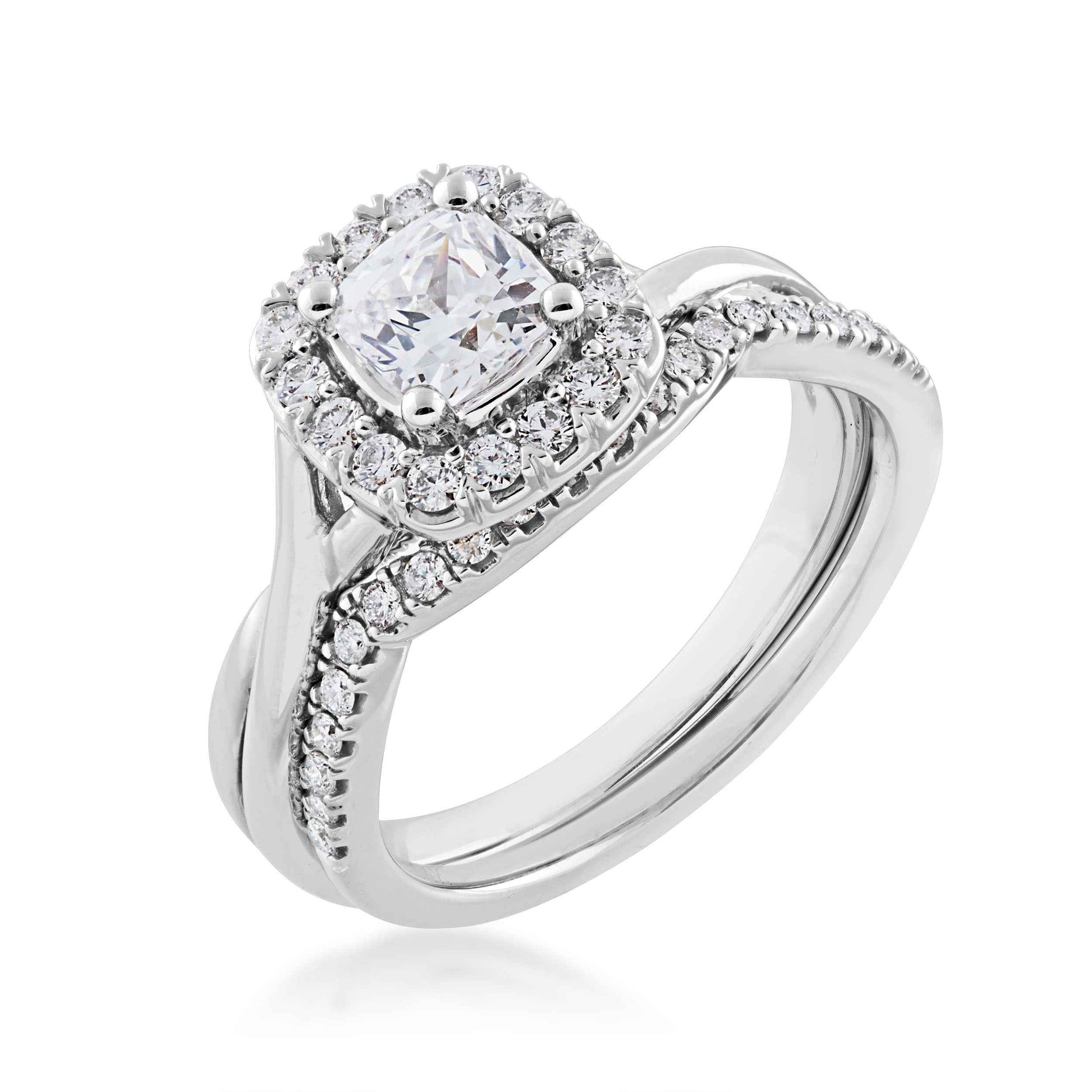 Noventa 1-1/8 ct. tw. Cushion Cut Diamond Halo Wedding Set with Twist Band in 14K White & Pink Gold close-up detail