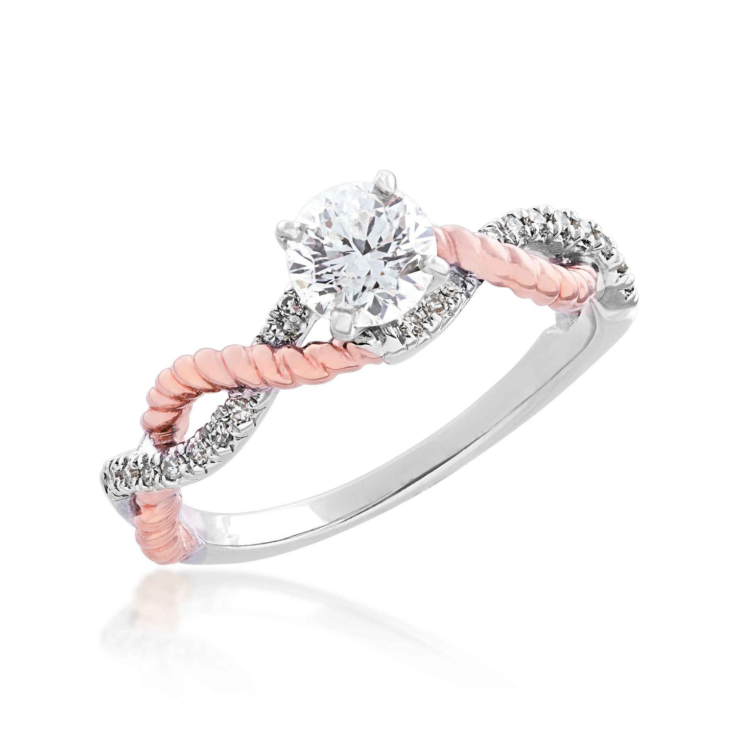Noventa 7/8 ct. tw. Round Diamond Rope Twist Engagement Ring in 14K White & Pink Gold front view