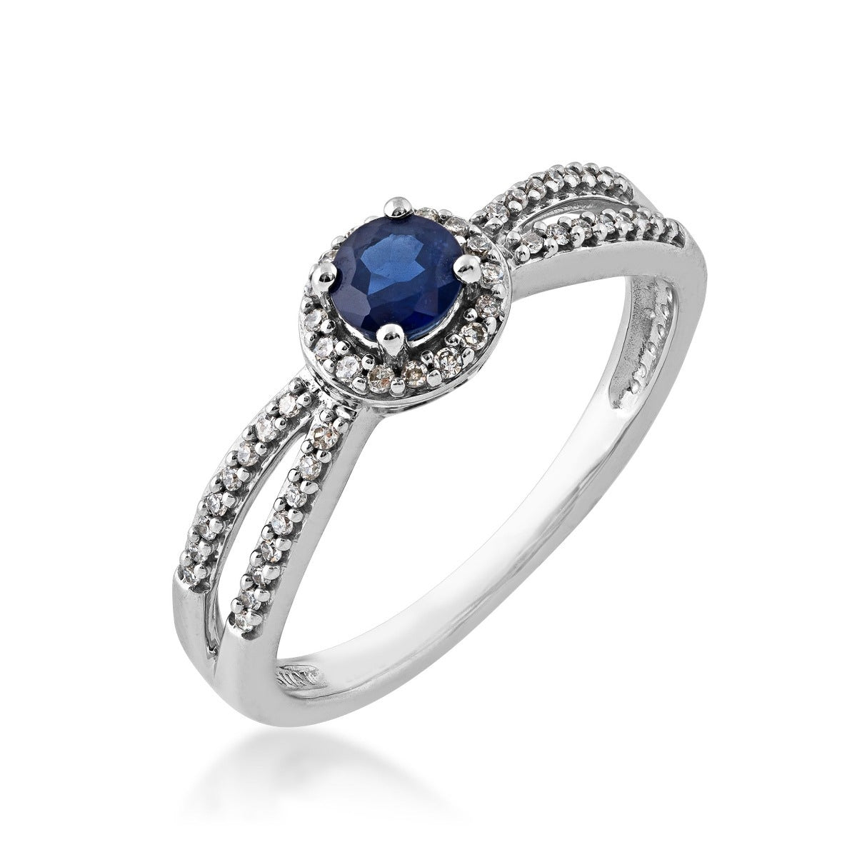 Sapphire and 1/6 ct. tw. Diamond Halo Split Shank Ring in 10K White Gold front view