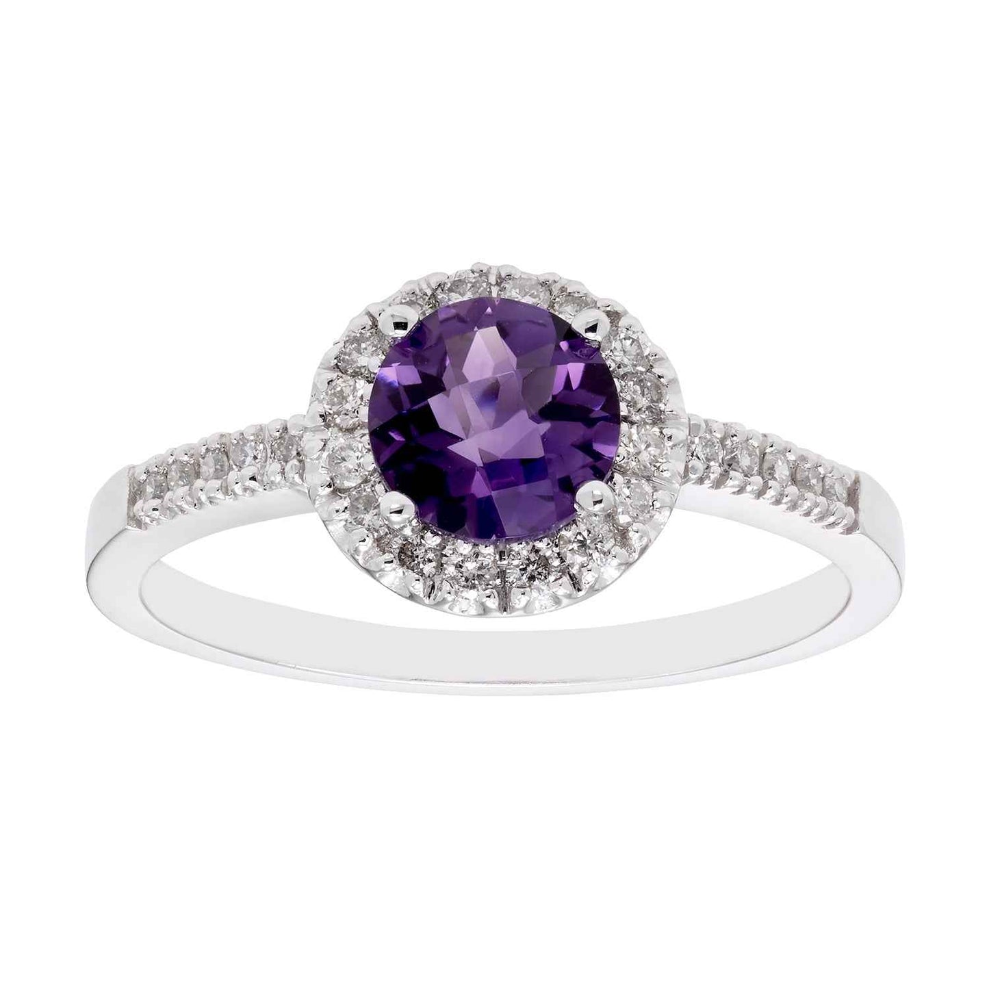 Genuine Round Amethyst Ring with 1/5 ct. tw. Diamond Halo & Band in 10K White Gold