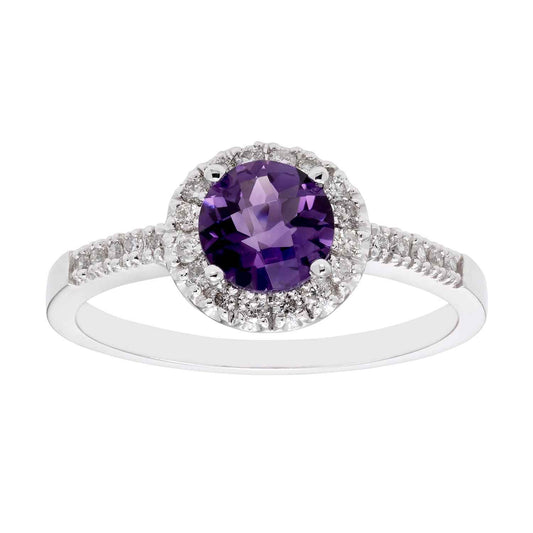 Genuine Round Amethyst Ring with 1/5 ct. tw. Diamond Halo & Band in 10K White Gold