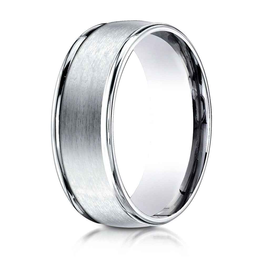 Benchmark Men's High Polish Wedding Band with Satin Center in 10K White Gold close-up detail