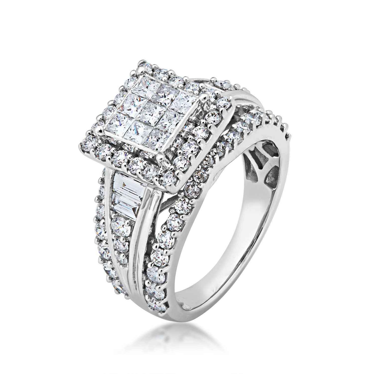 Fairytale Diamonds 2 ct. tw. Princess Cut Quad Halo Engagement Ring with Straight Baguette Side Accents in 10K front view
