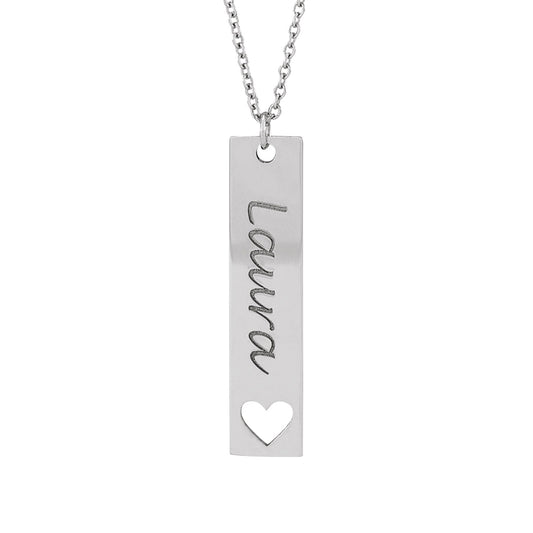 Engravable Vertical Bar Heart Pendant in Sterling Silver front view
