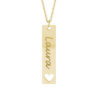 Engravable Vertical Bar Heart Pendant in 14K Yellow Gold front view