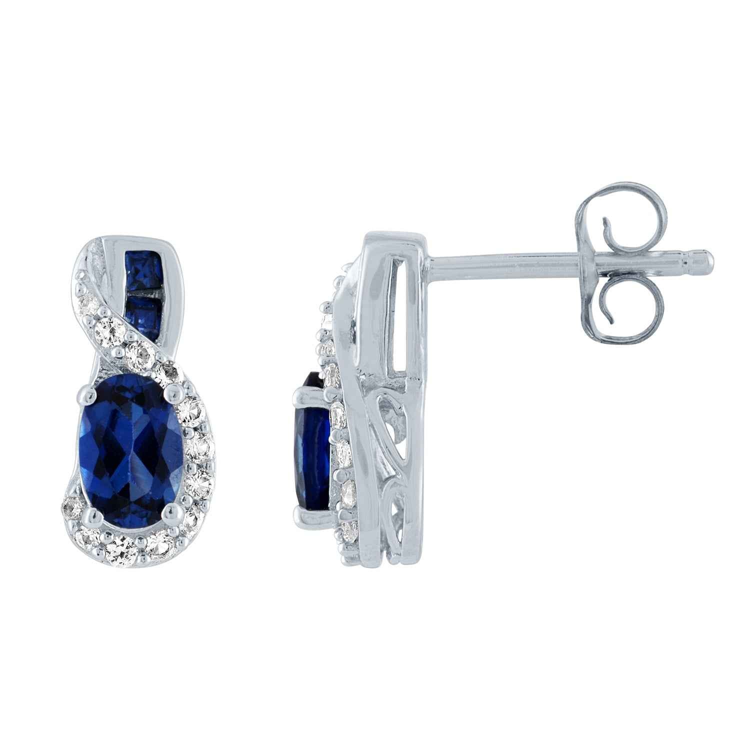 Created Oval Blue and White Sapphire Earrings in Sterling Silver