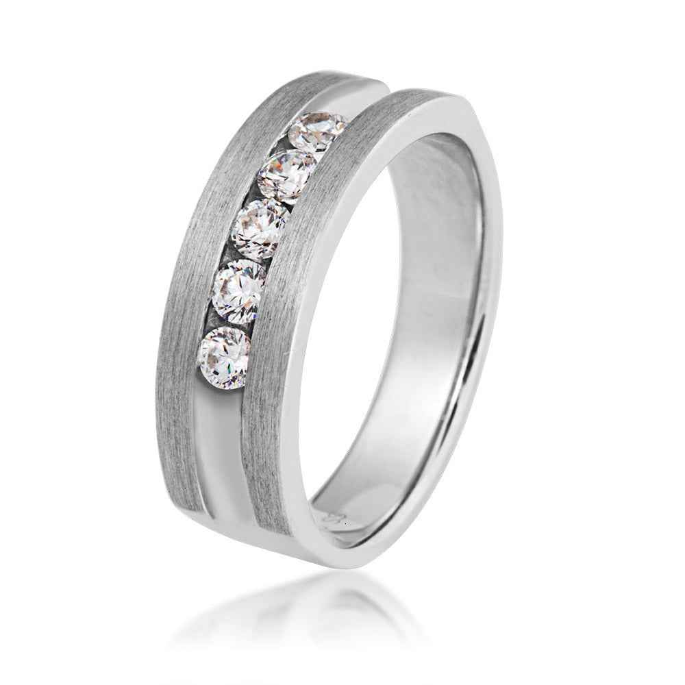 Men's 1/5 ct. tw. Round Brilliant 5-Stone Channel-Set Diamond Wedding Band with Brushed Sides in 10K White Gold front view