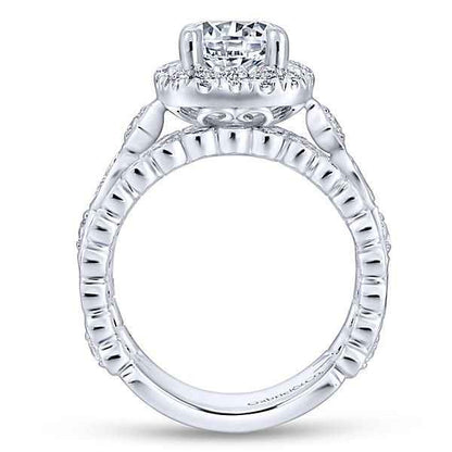 Gabriel & Co. 1-1/3 ct. tw. Round Halo Semi-Mount Engagement Ring with Filigree Design and Split Side Bands close-up detail