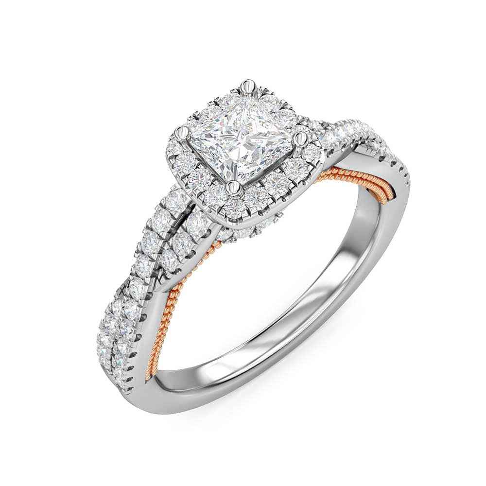 Designed With Love 3/8 ct. tw. Diamond Halo Twist Princess Cut Semi-Mount Engagement Ring in 14K White & Pink Gold front view
