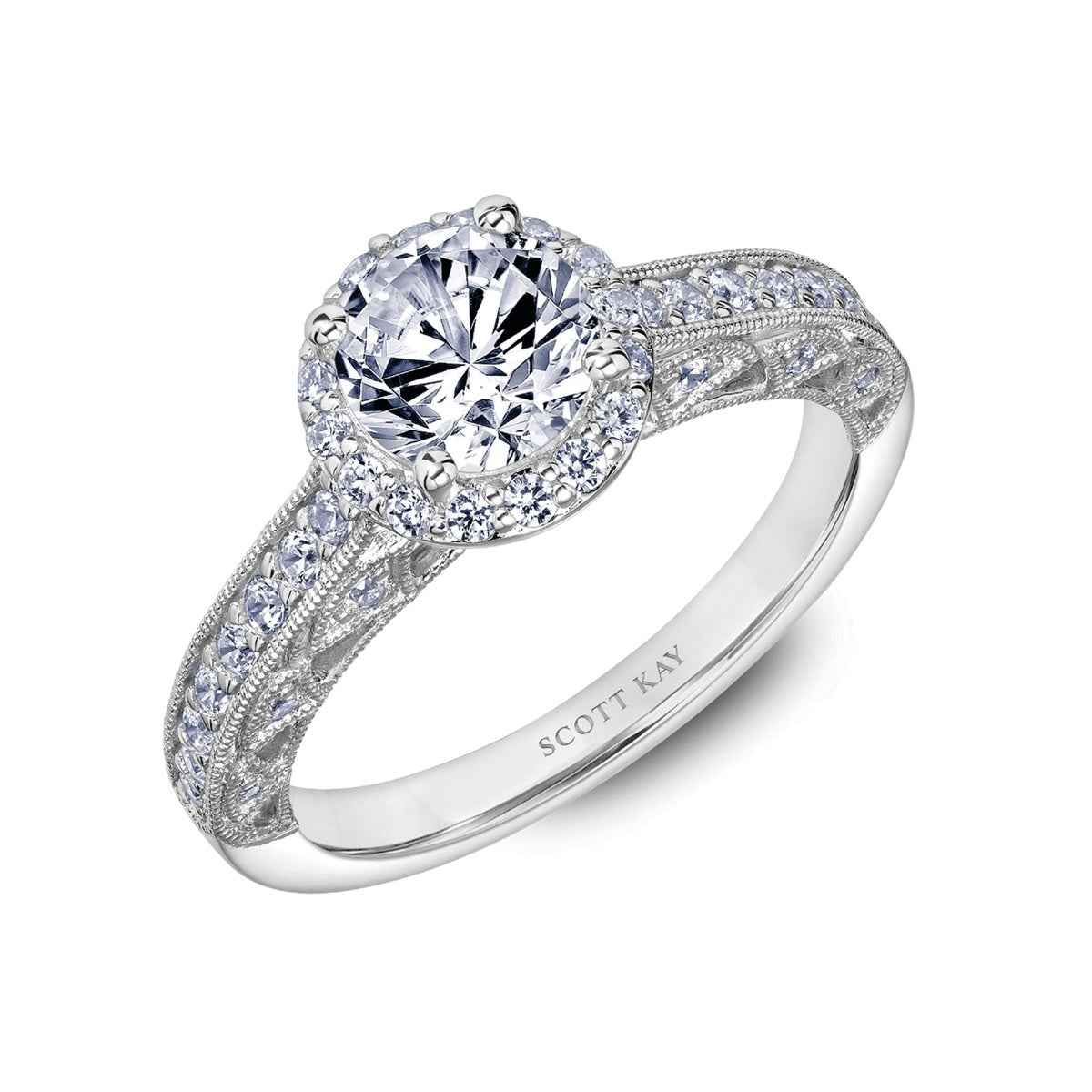 Scott Kay Heavens Gates 1/2 ct. tw. Diamond Halo Semi-Mount Engagement Ring with Undercarriage Milgrain Border Diamond Design
