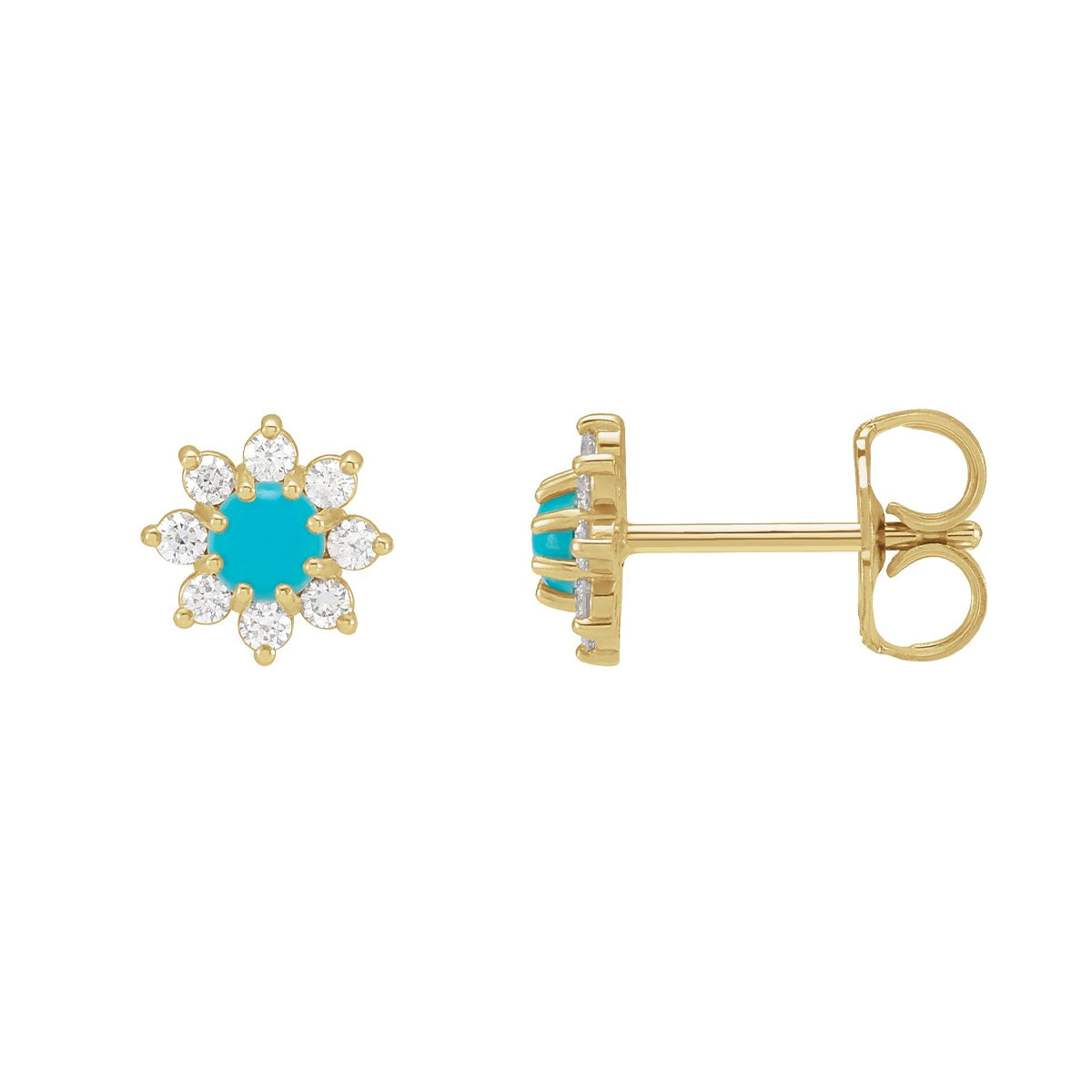 Round Turquoise & 1/8 ct. tw. Diamond Flower Earrings in 14K Yellow Gold