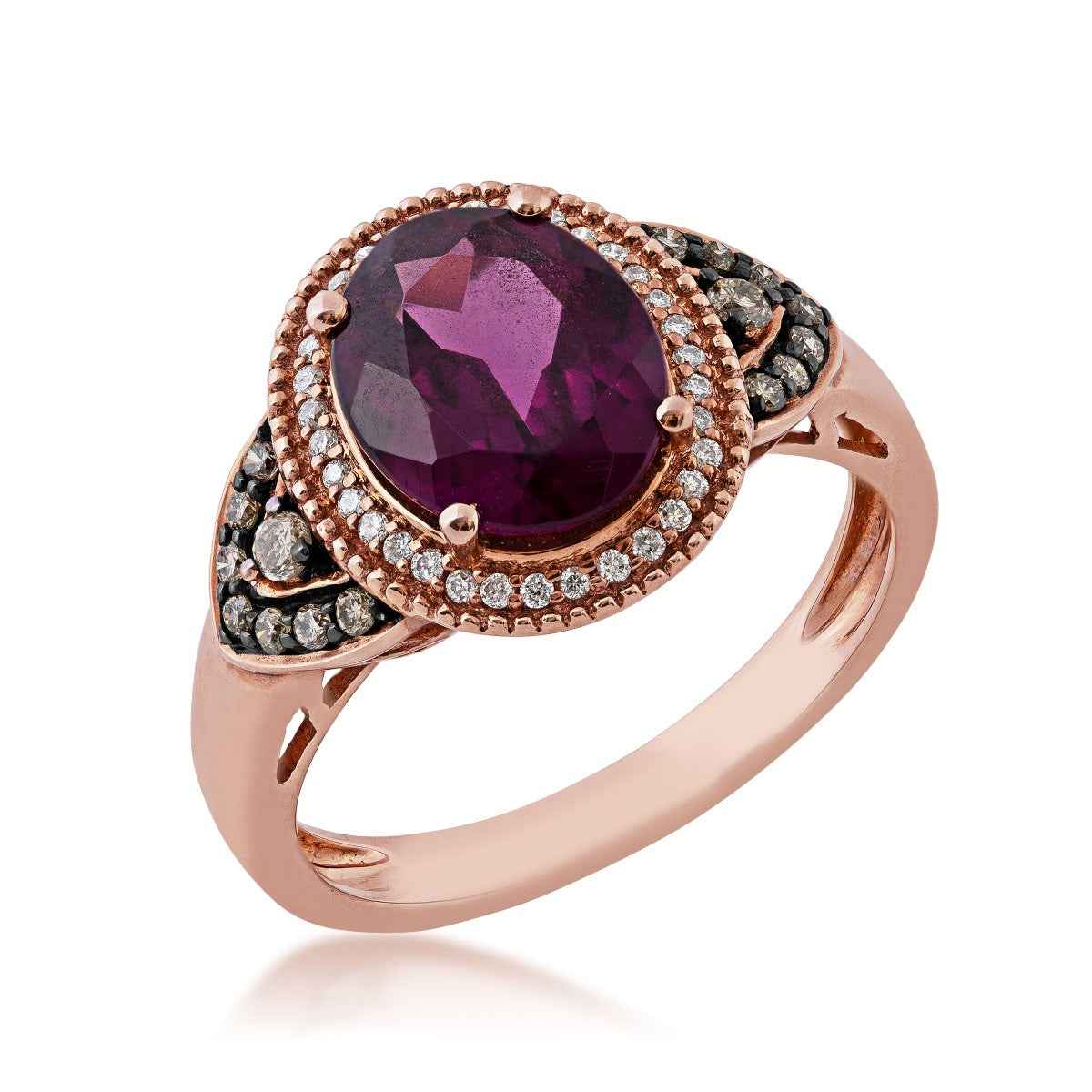 Oval Rhodolite Garnet and 1/4 ct. tw. Diamond Ring in 10K Pink Gold front view