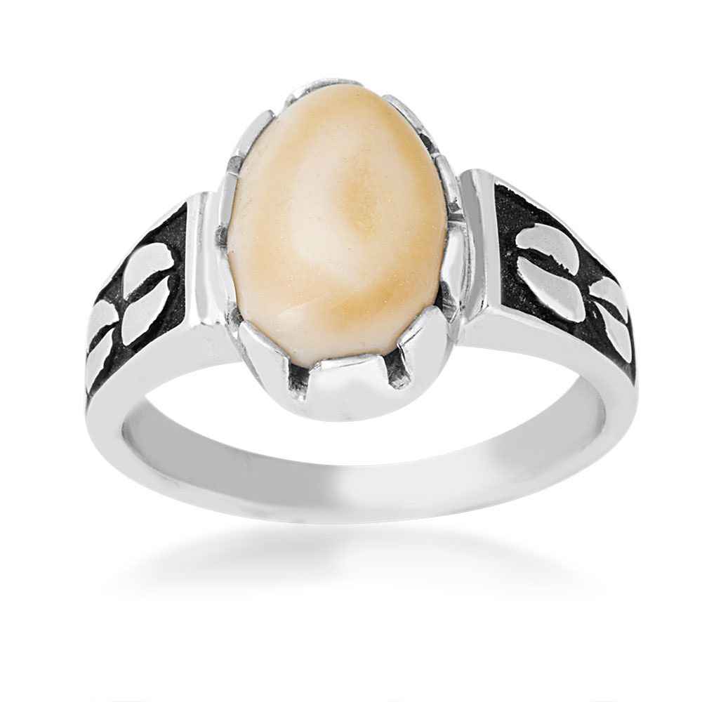 Ladies' Elk Ivory Cabochon Cut Ring with Track & Black Enamel Accented Band in Sterling Silver