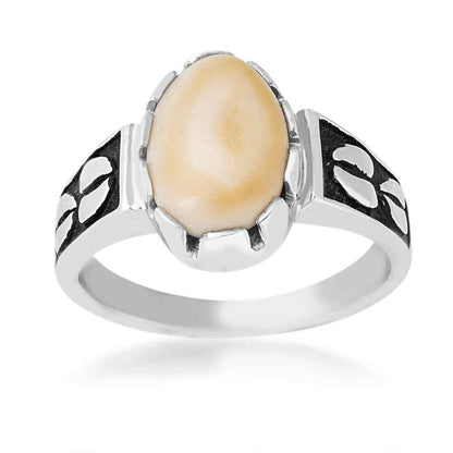 Ladies' Elk Ivory Cabochon Cut Ring with Track & Black Enamel Accented Band in Sterling Silver