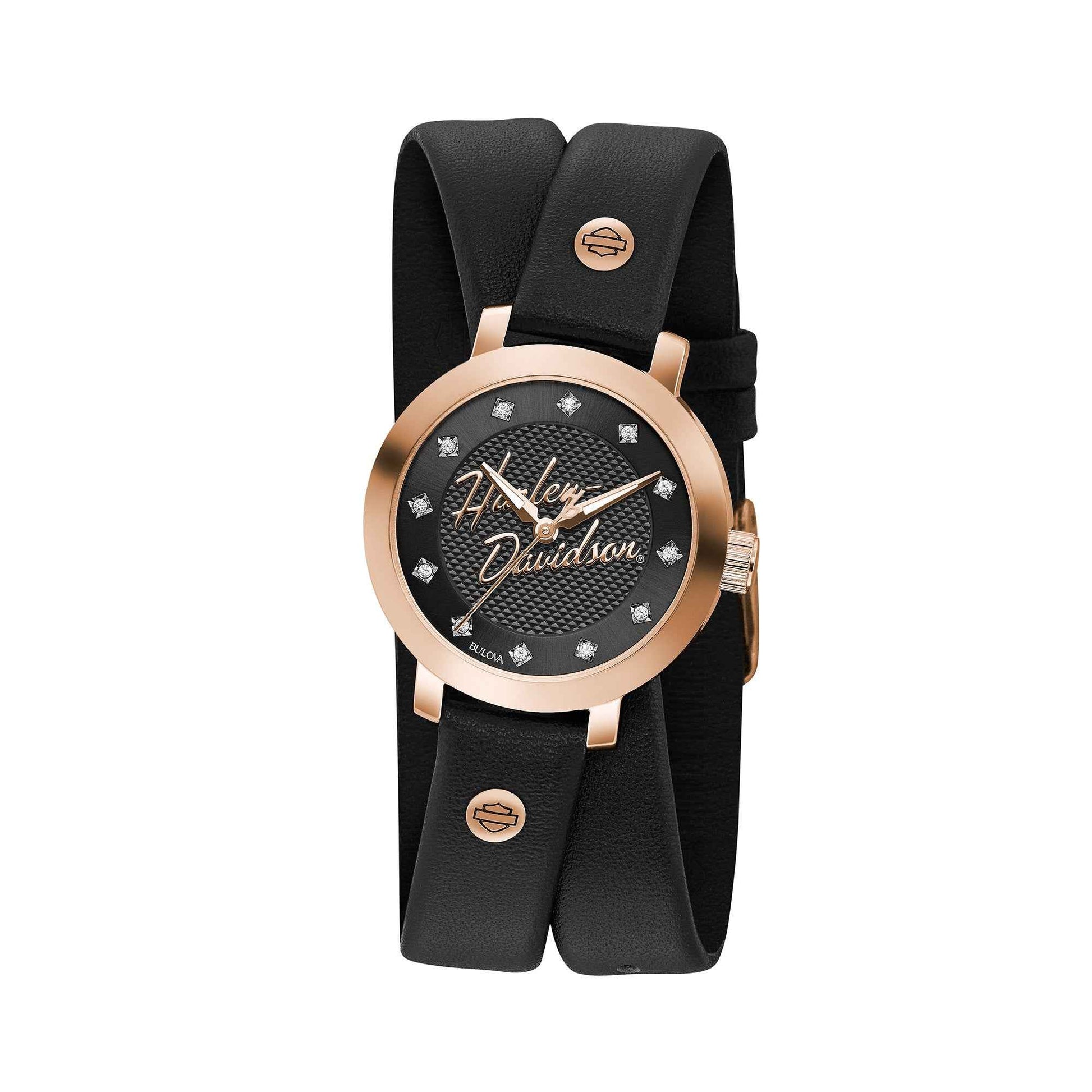 Harley Davidson Ladies' Watch with Double Wrap Leather Strap and Hour Markers