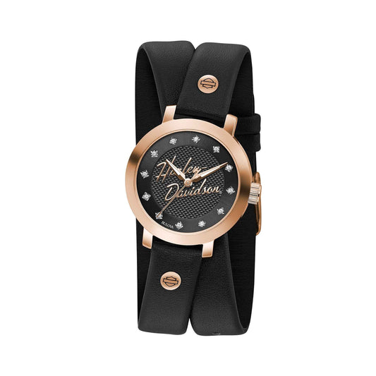 Harley Davidson Ladies' Watch with Double Wrap Leather Strap and Hour Markers