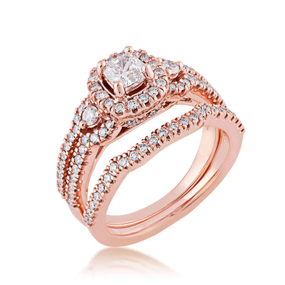 Noventa 1-1/8 ct. tw. Cushion Cut Halo Diamond Wedding Set with V-Split Set Diamond Band in 14K Pink Gold close-up detail