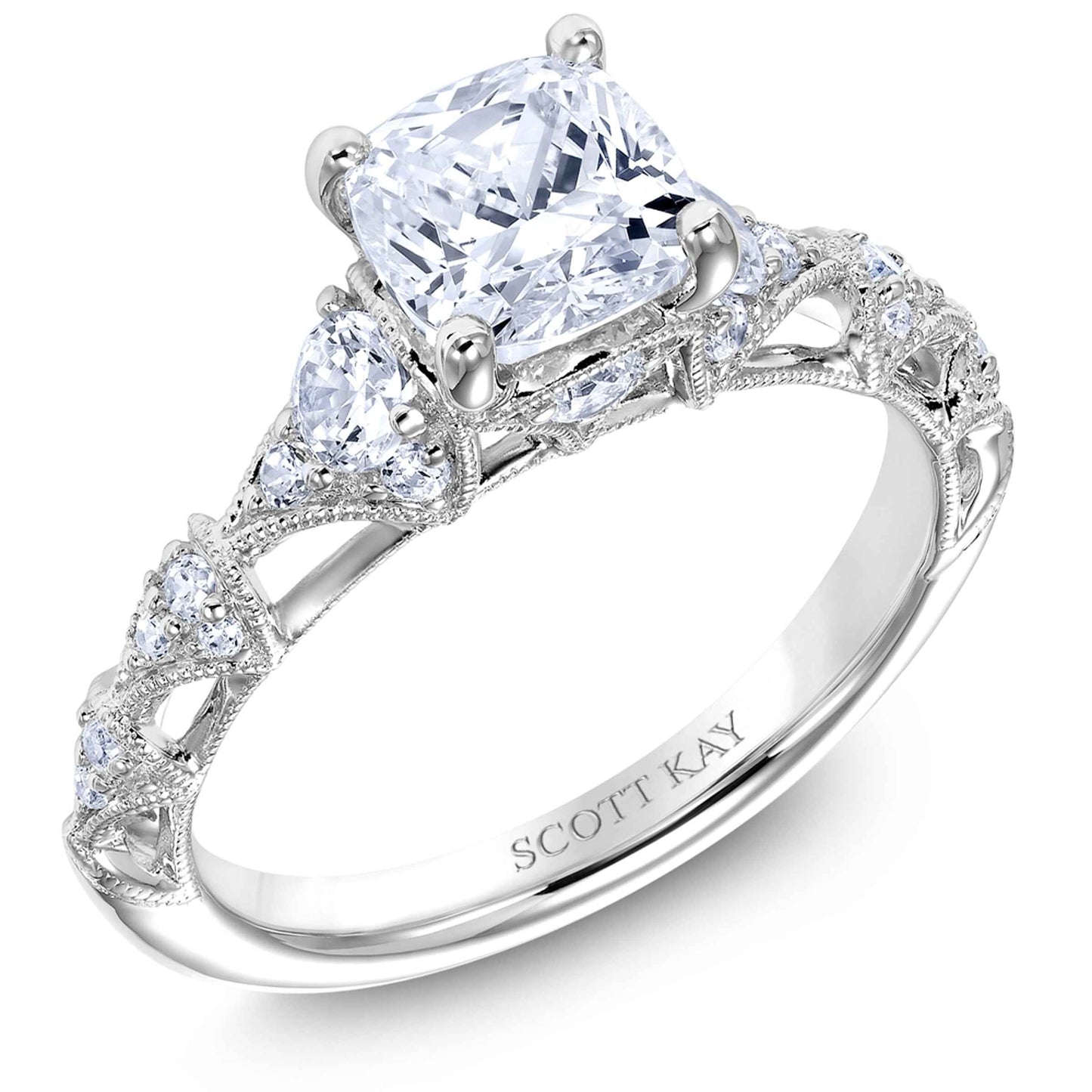 Scott Kay Heavens Gates 1/2 ct. tw. Diamond Semi-Mount Engagement Ring with Milgrain Border Design in 14K White Gold