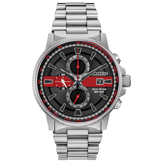Citizen Men's Eco-Drive Chronograph Thin Red Line Series Watch with Black Dial in Stainless Steel